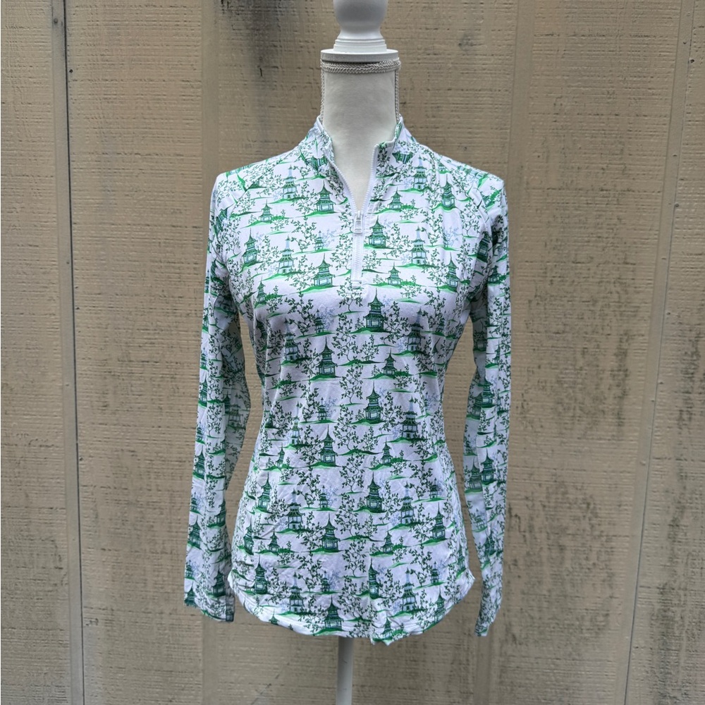 Sport Haley Green and White Pagoda Print Long Sleeve 1/4 Zip Top